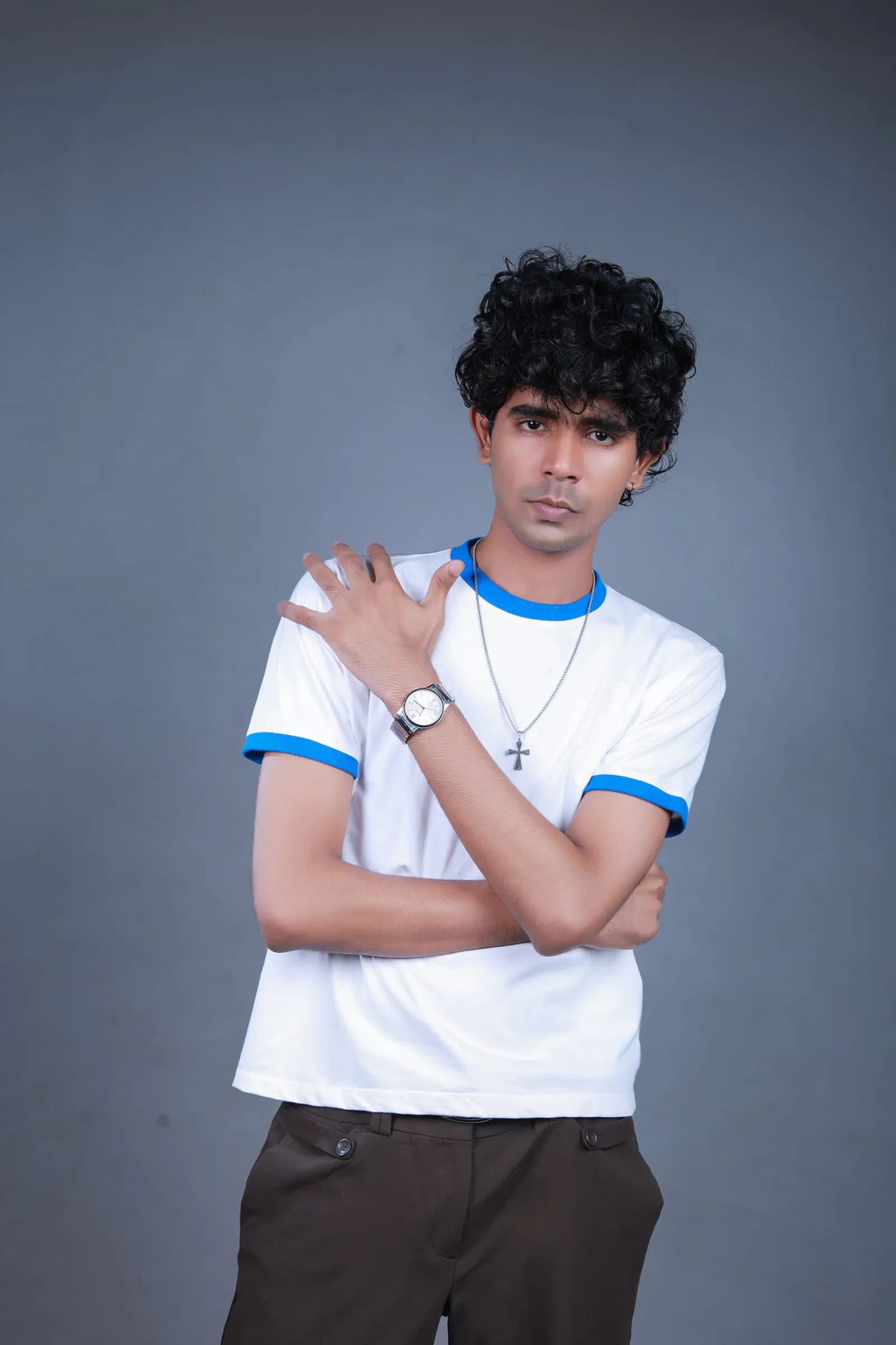 Ringer Baby Tee styled with brown trousers